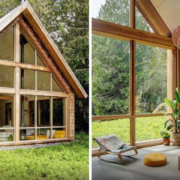 Main home on the property. Right: Living room inside the main home.